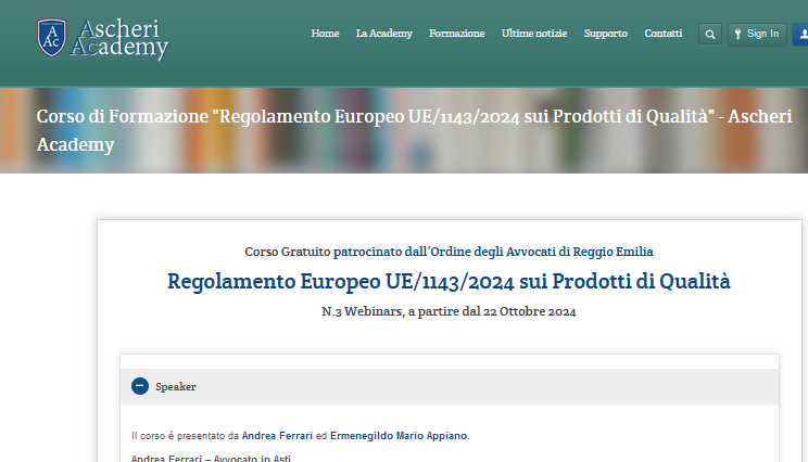 riforma denominazioni origine indicazioni geografiche europa - Ascheri Acedemy, ciclo di webinar, autunno 2024